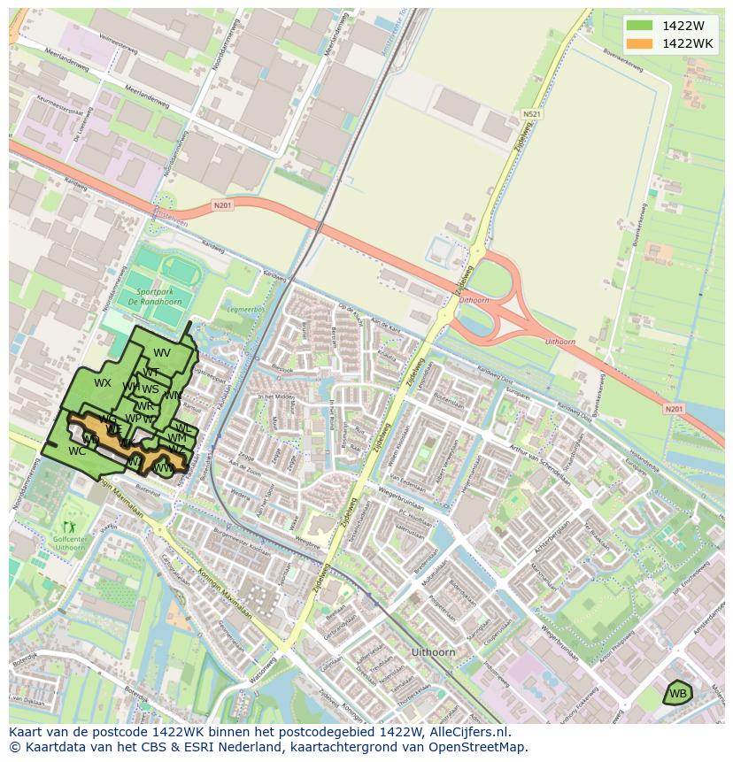 Afbeelding van het postcodegebied 1422 WK op de kaart.