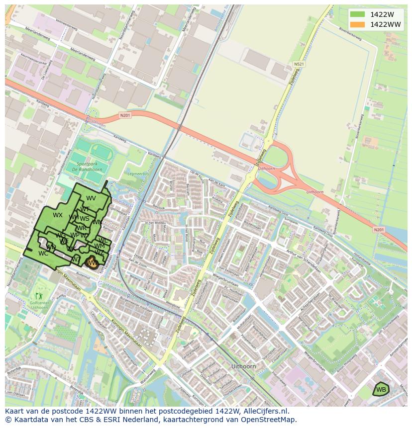 Afbeelding van het postcodegebied 1422 WW op de kaart.