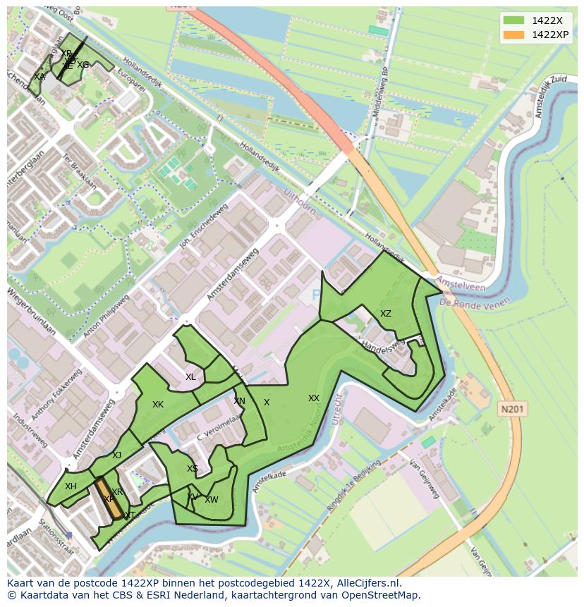 Afbeelding van het postcodegebied 1422 XP op de kaart.