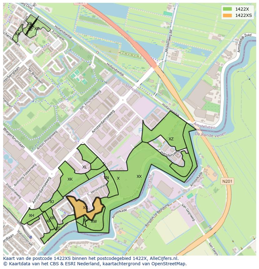Afbeelding van het postcodegebied 1422 XS op de kaart.