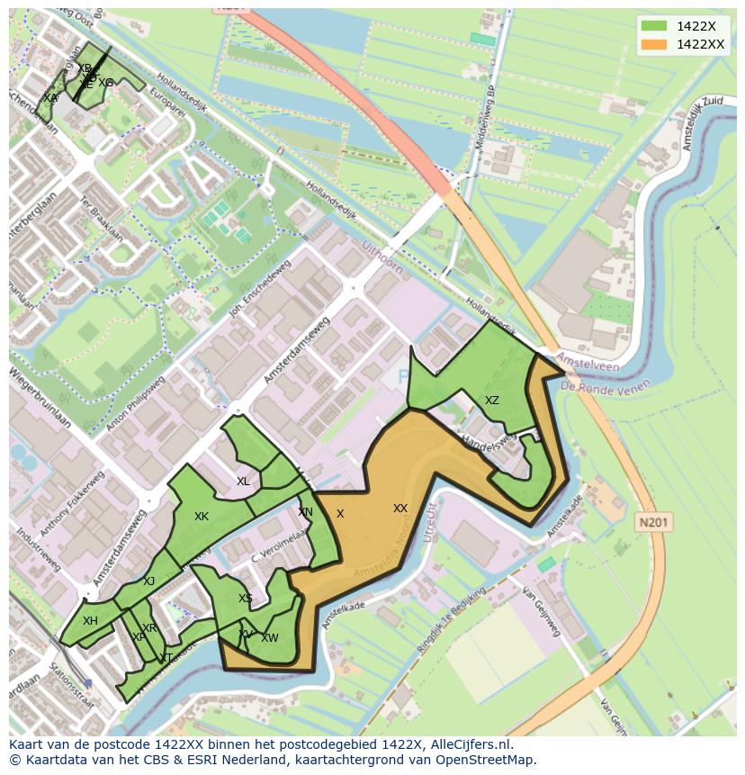 Afbeelding van het postcodegebied 1422 XX op de kaart.