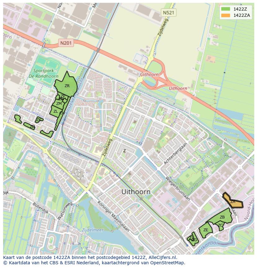 Afbeelding van het postcodegebied 1422 ZA op de kaart.