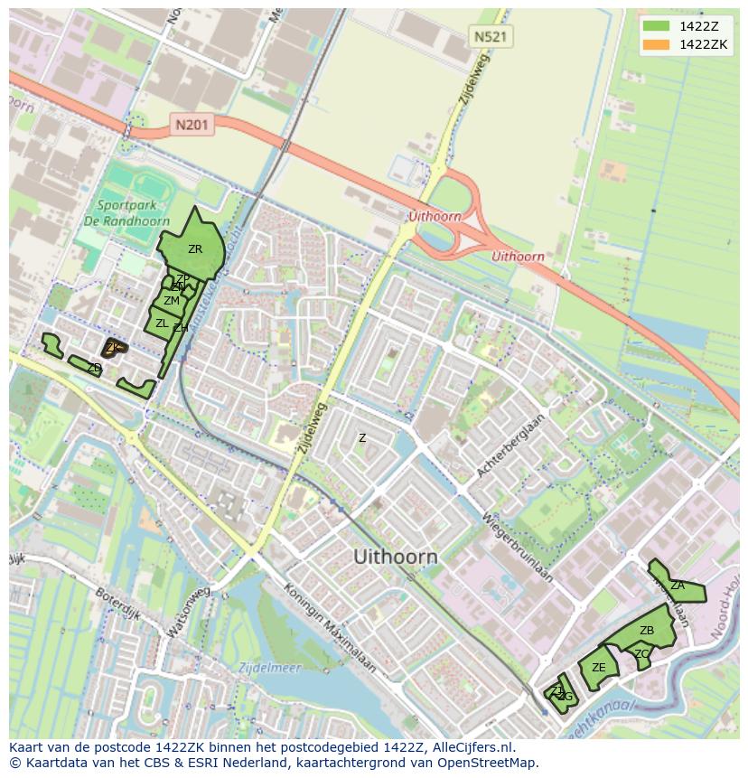 Afbeelding van het postcodegebied 1422 ZK op de kaart.