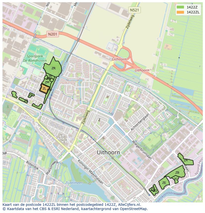 Afbeelding van het postcodegebied 1422 ZL op de kaart.
