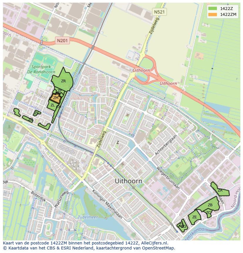 Afbeelding van het postcodegebied 1422 ZM op de kaart.