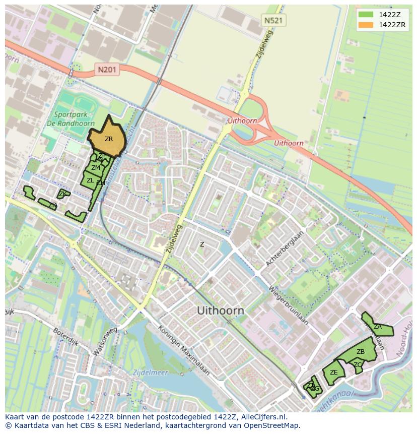 Afbeelding van het postcodegebied 1422 ZR op de kaart.