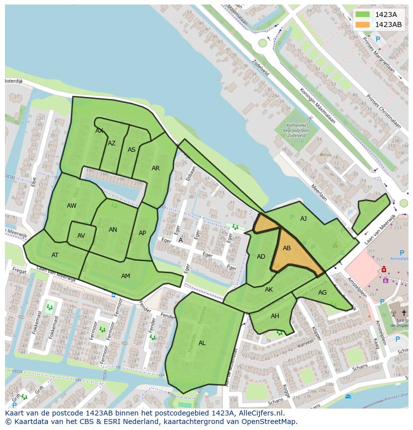 Afbeelding van het postcodegebied 1423 AB op de kaart.