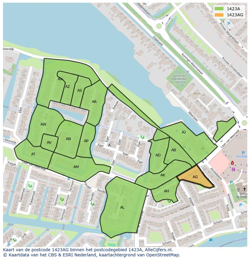 Afbeelding van het postcodegebied 1423 AG op de kaart.