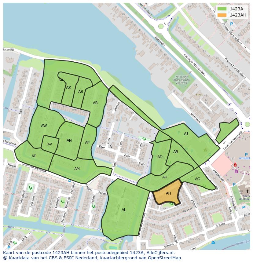 Afbeelding van het postcodegebied 1423 AH op de kaart.