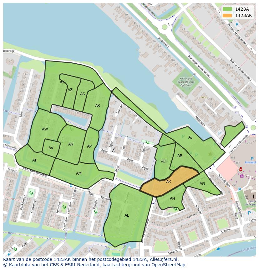 Afbeelding van het postcodegebied 1423 AK op de kaart.