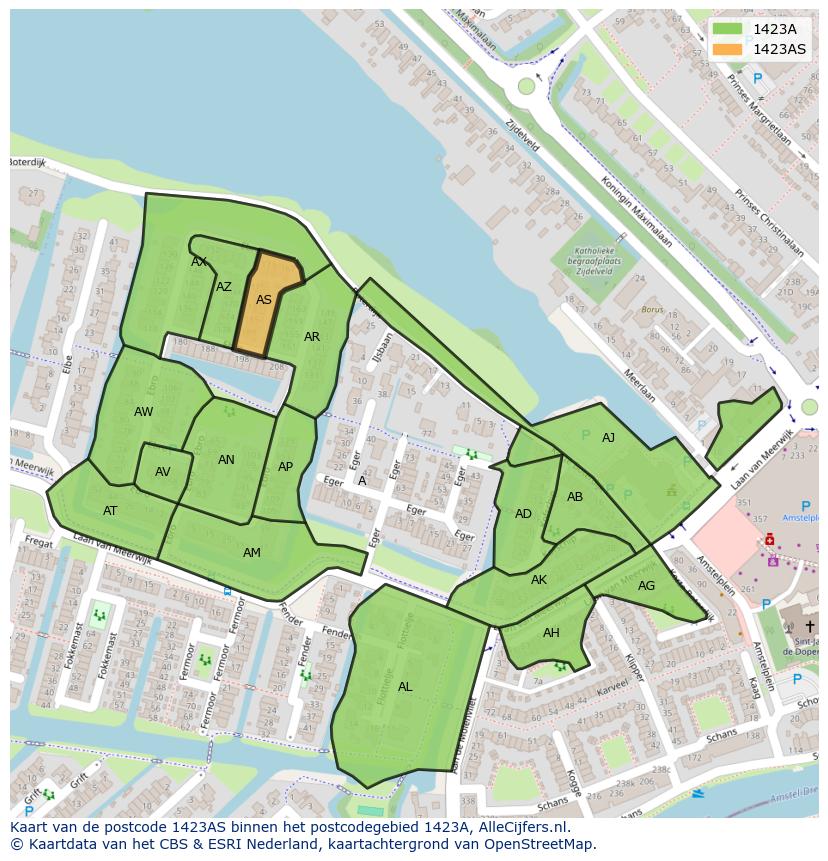 Afbeelding van het postcodegebied 1423 AS op de kaart.