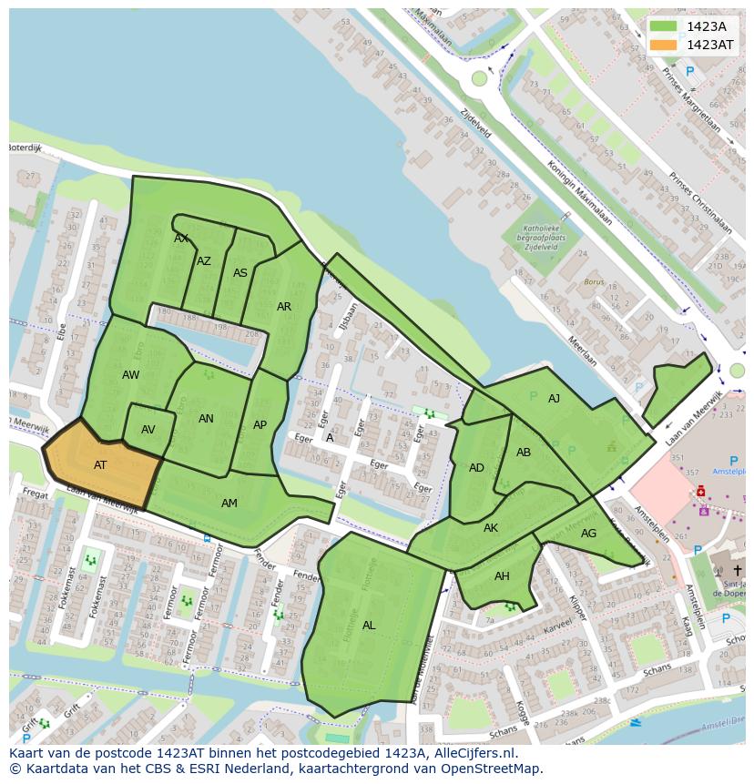 Afbeelding van het postcodegebied 1423 AT op de kaart.