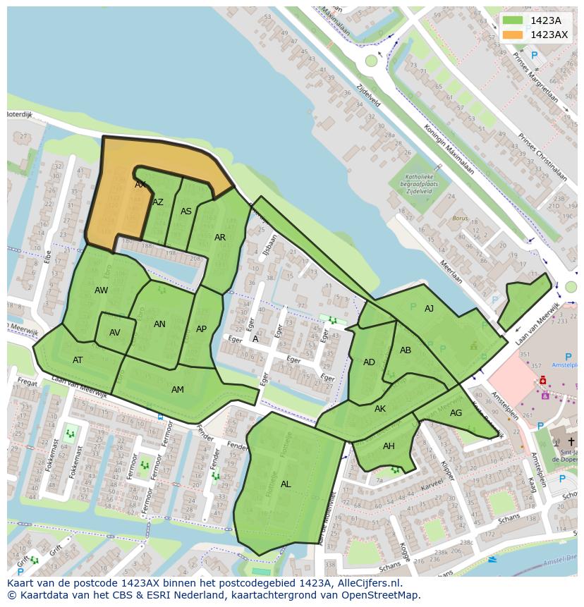 Afbeelding van het postcodegebied 1423 AX op de kaart.