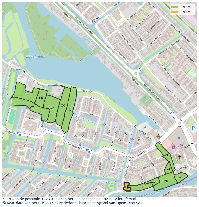 Afbeelding van het postcodegebied 1423 CE op de kaart.