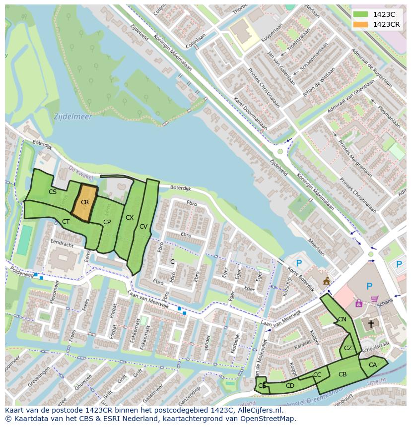 Afbeelding van het postcodegebied 1423 CR op de kaart.