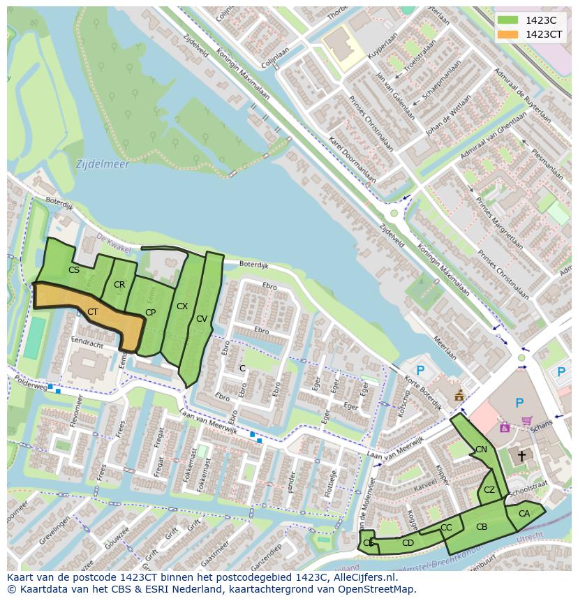 Afbeelding van het postcodegebied 1423 CT op de kaart.