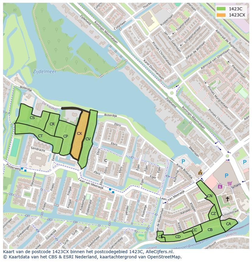 Afbeelding van het postcodegebied 1423 CX op de kaart.