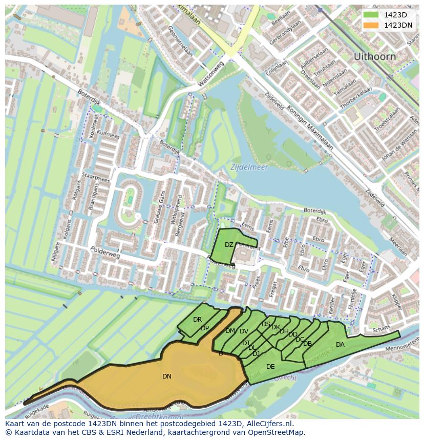 Afbeelding van het postcodegebied 1423 DN op de kaart.