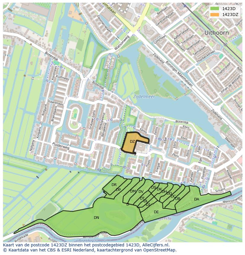 Afbeelding van het postcodegebied 1423 DZ op de kaart.