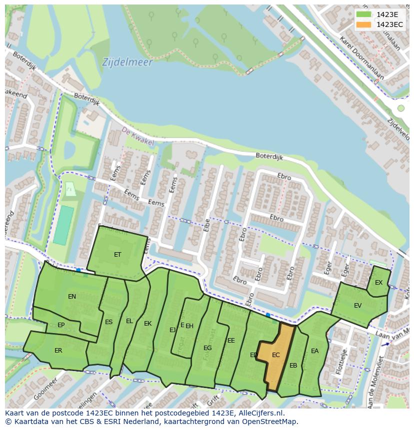 Afbeelding van het postcodegebied 1423 EC op de kaart.