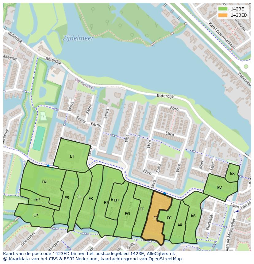 Afbeelding van het postcodegebied 1423 ED op de kaart.