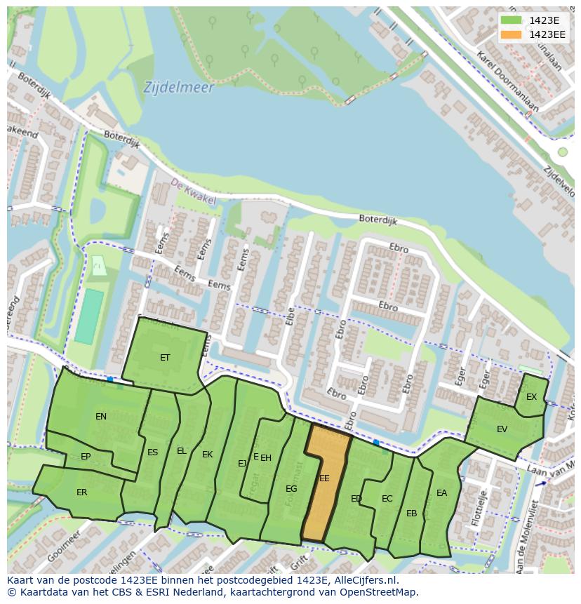 Afbeelding van het postcodegebied 1423 EE op de kaart.