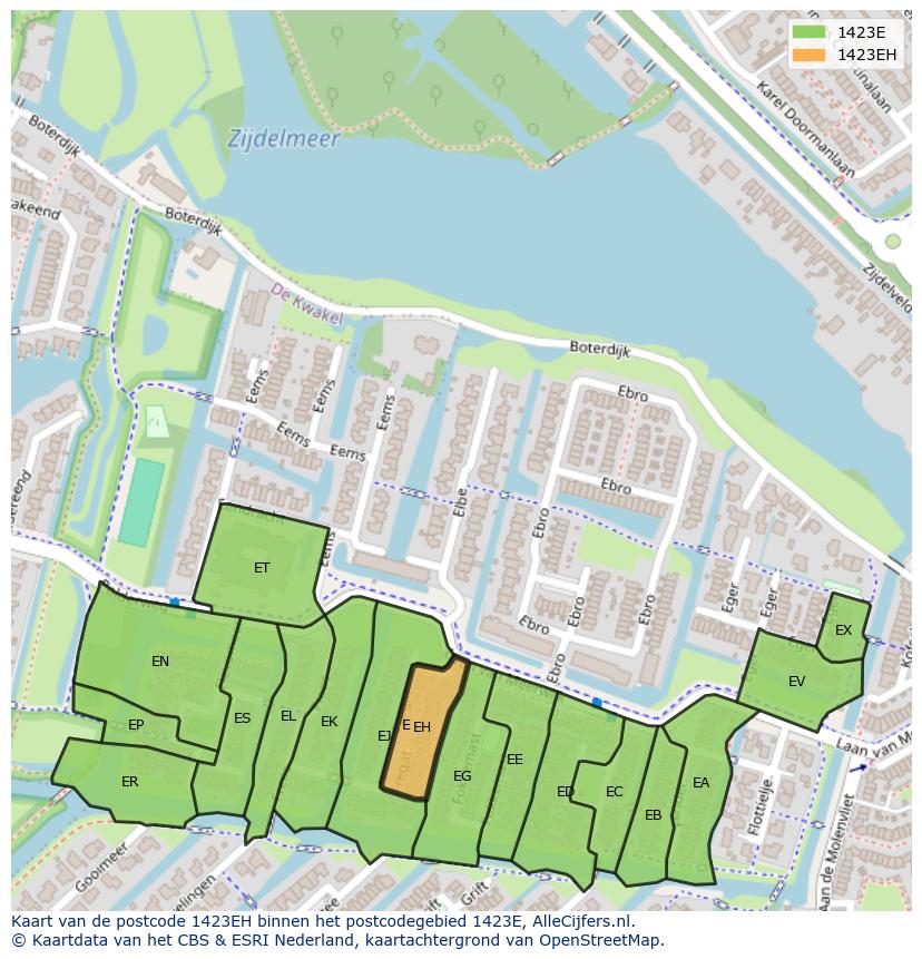 Afbeelding van het postcodegebied 1423 EH op de kaart.