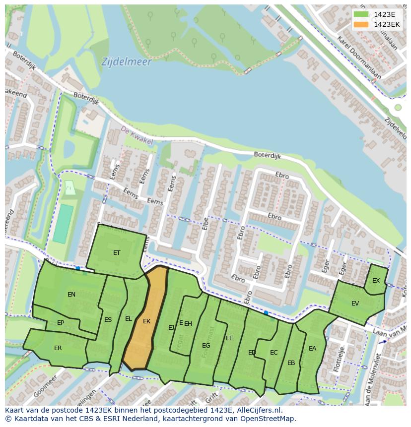 Afbeelding van het postcodegebied 1423 EK op de kaart.