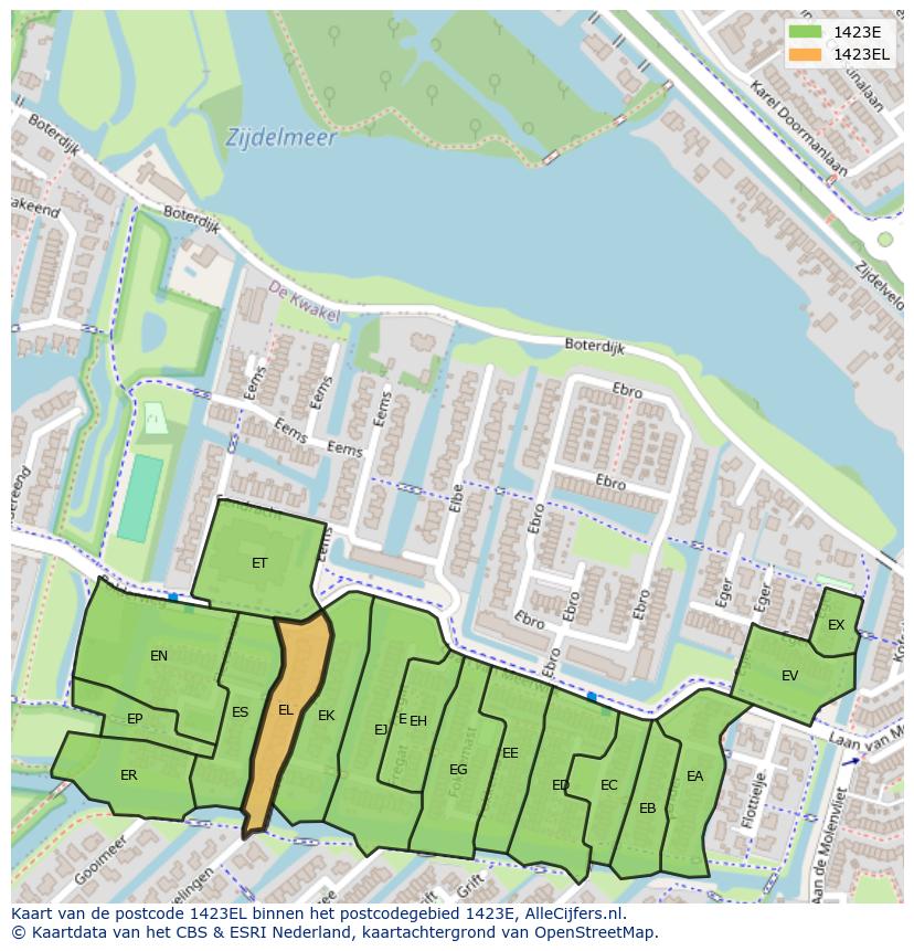 Afbeelding van het postcodegebied 1423 EL op de kaart.