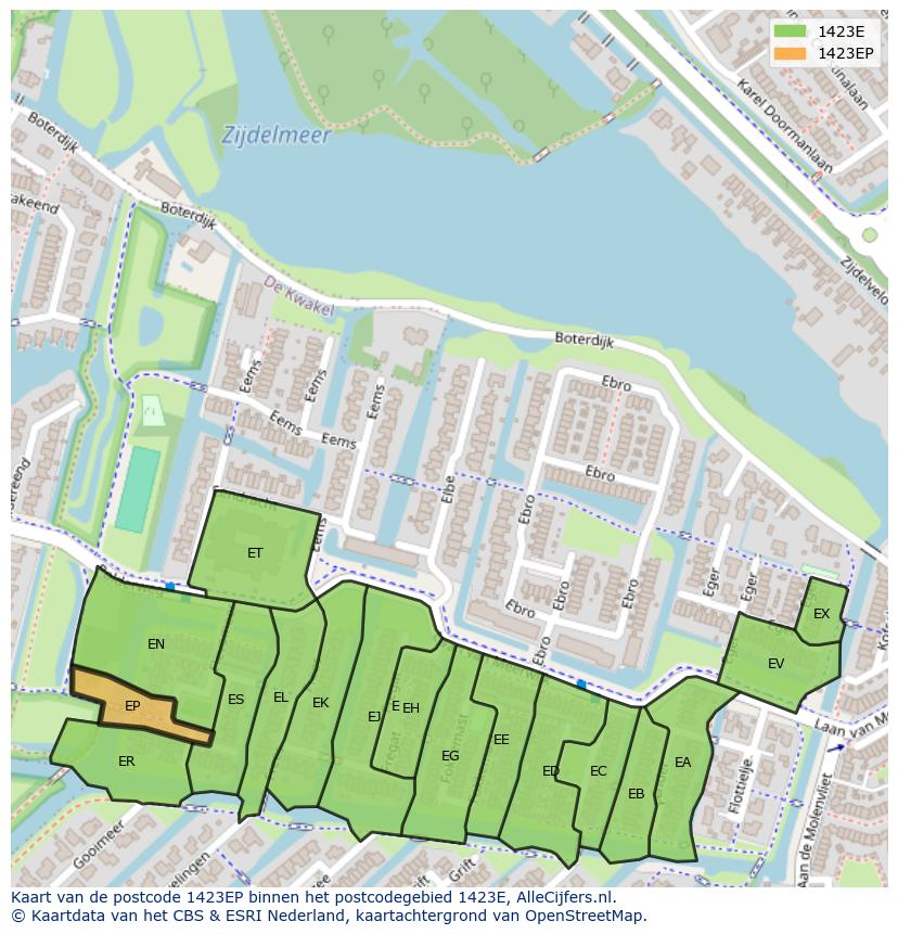 Afbeelding van het postcodegebied 1423 EP op de kaart.