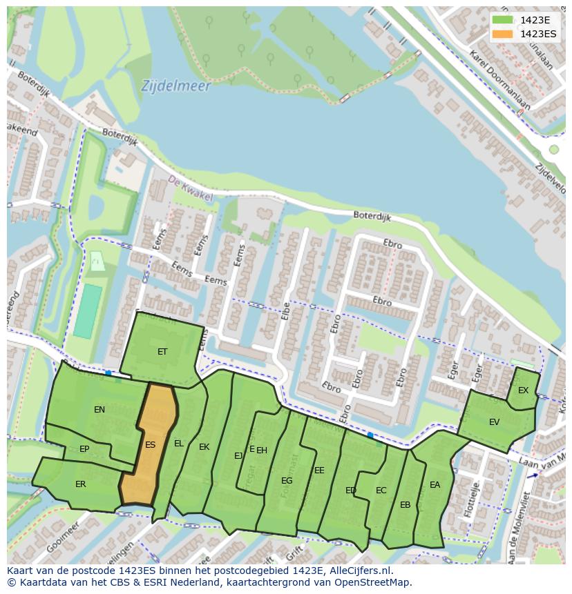 Afbeelding van het postcodegebied 1423 ES op de kaart.