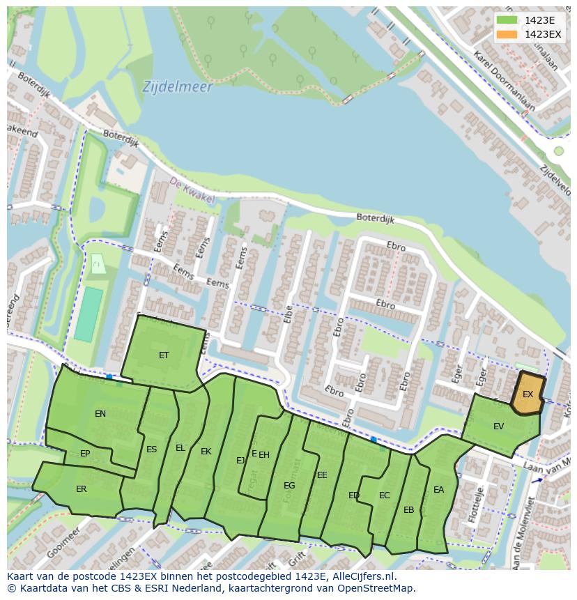 Afbeelding van het postcodegebied 1423 EX op de kaart.