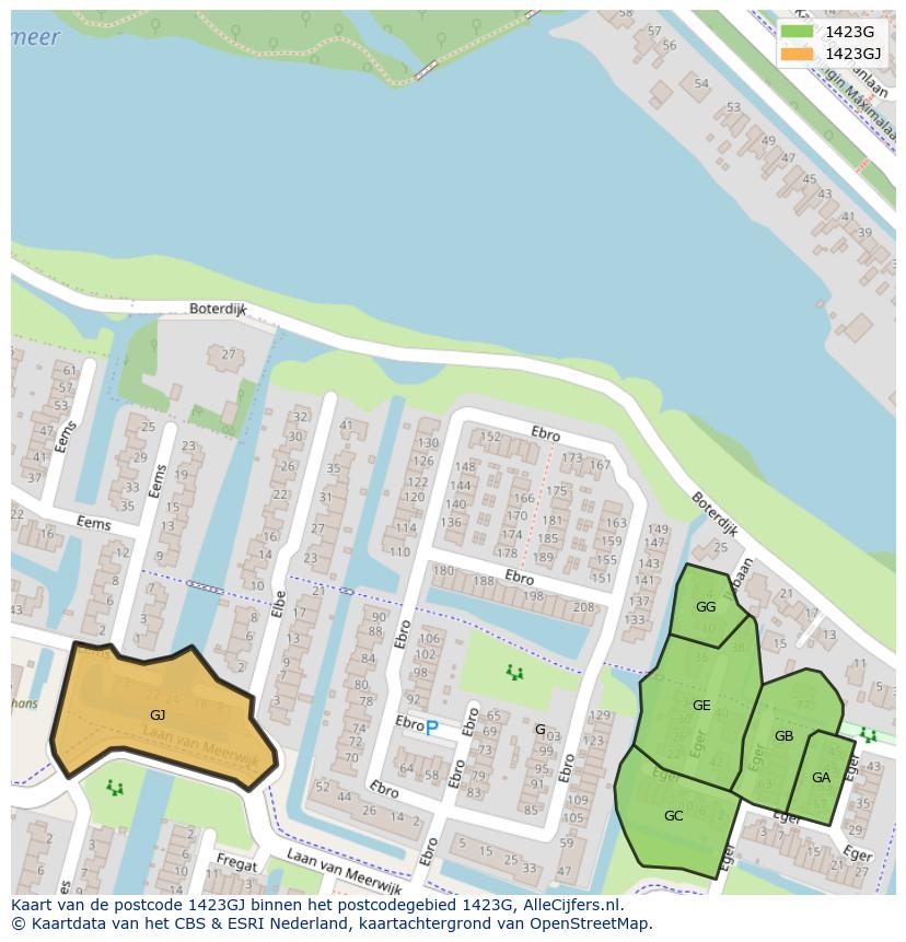Afbeelding van het postcodegebied 1423 GJ op de kaart.