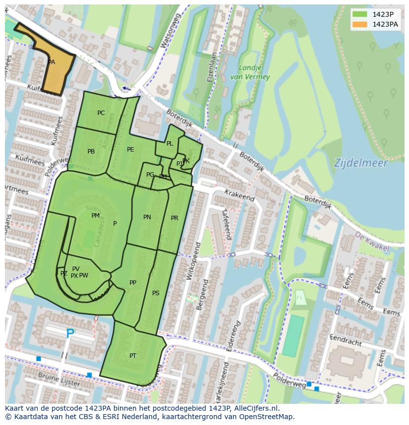 Afbeelding van het postcodegebied 1423 PA op de kaart.