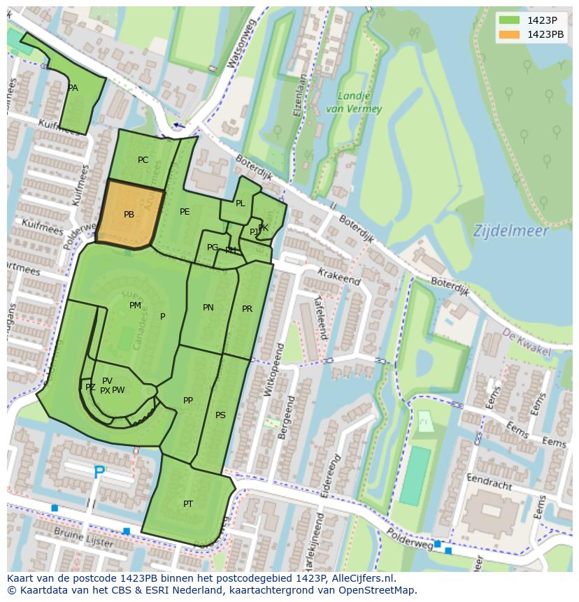 Afbeelding van het postcodegebied 1423 PB op de kaart.