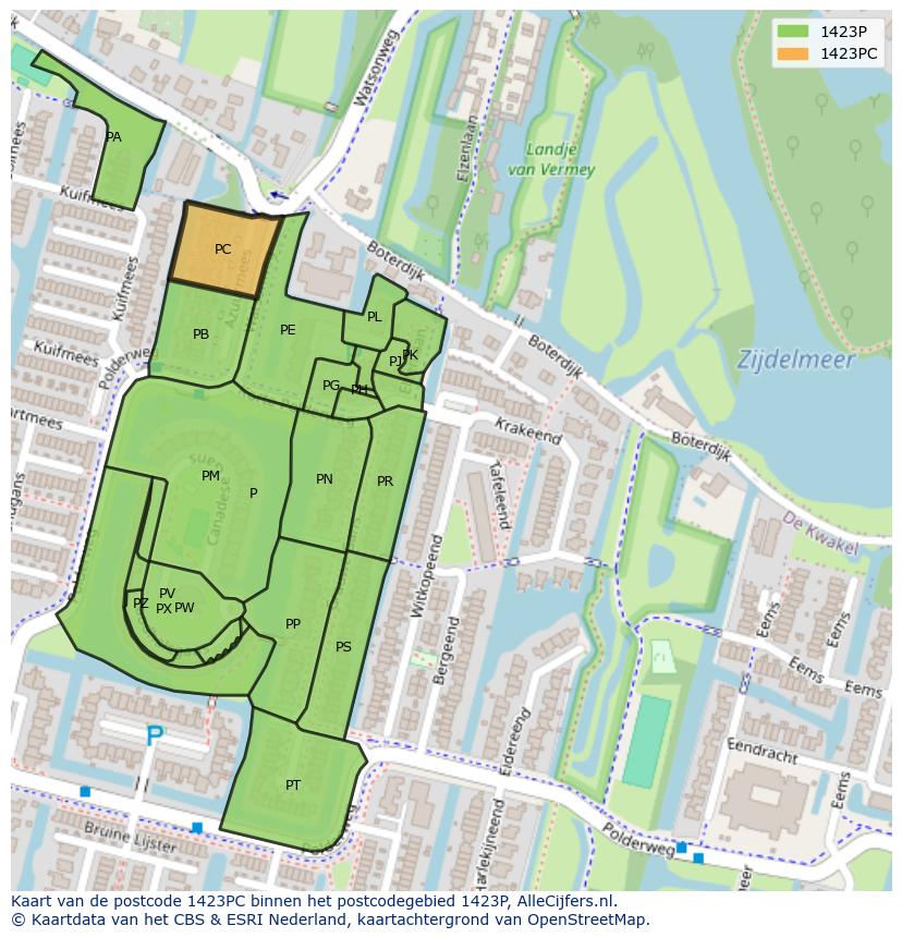 Afbeelding van het postcodegebied 1423 PC op de kaart.