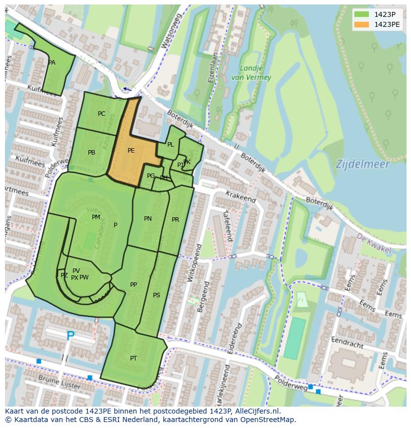 Afbeelding van het postcodegebied 1423 PE op de kaart.