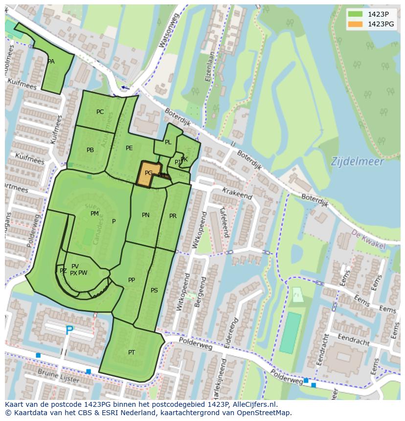 Afbeelding van het postcodegebied 1423 PG op de kaart.