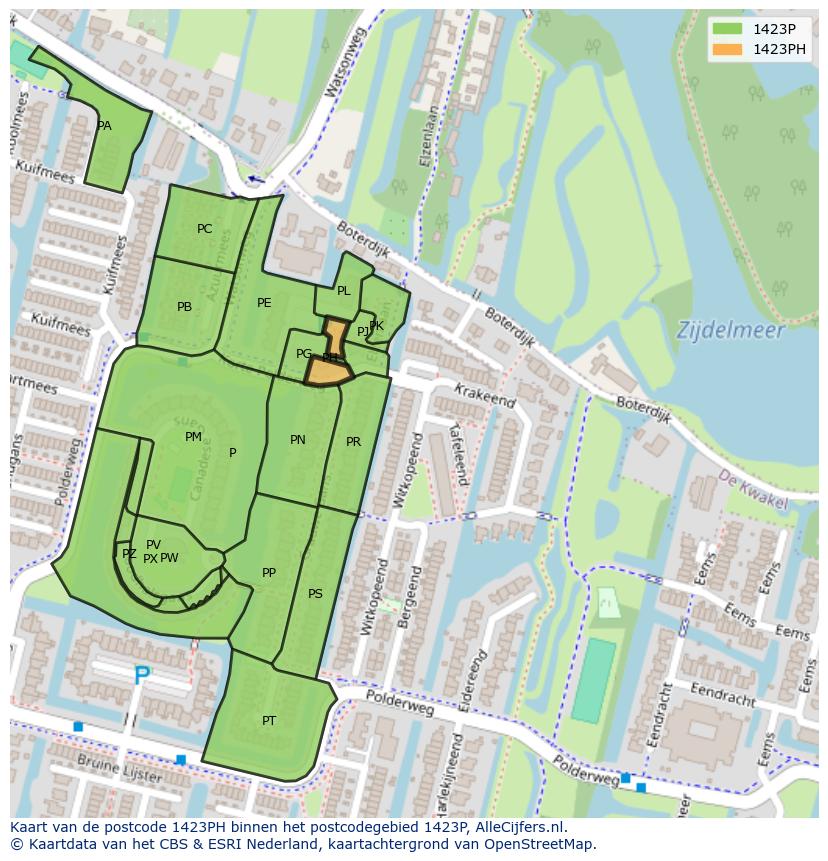 Afbeelding van het postcodegebied 1423 PH op de kaart.