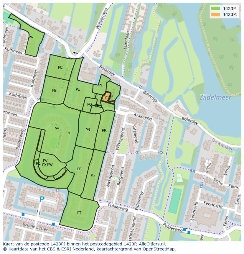 Afbeelding van het postcodegebied 1423 PJ op de kaart.