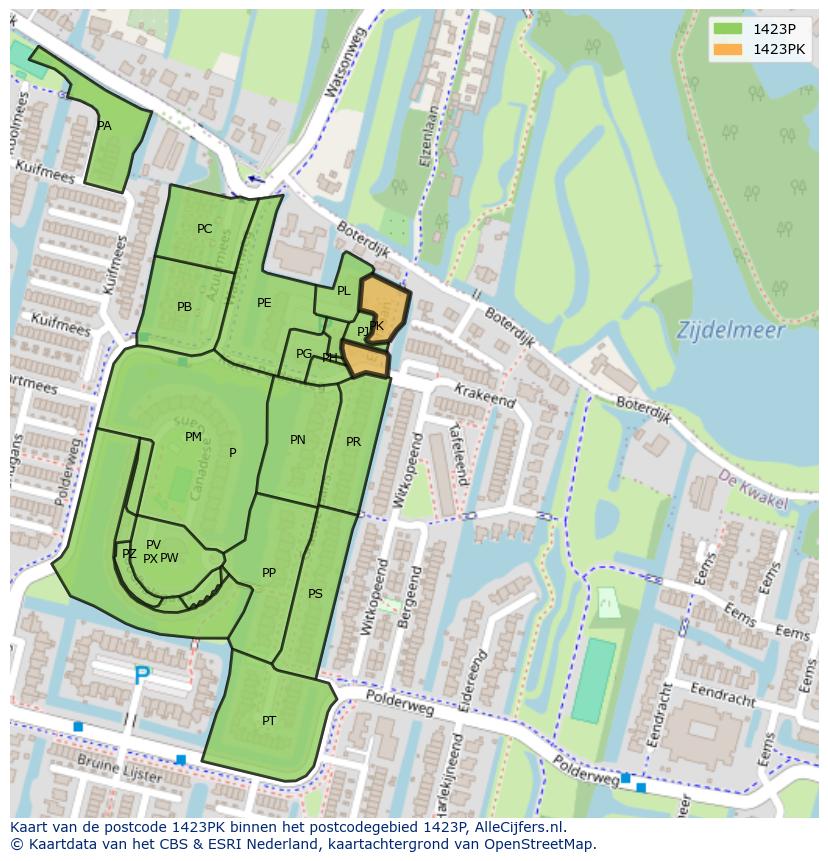 Afbeelding van het postcodegebied 1423 PK op de kaart.