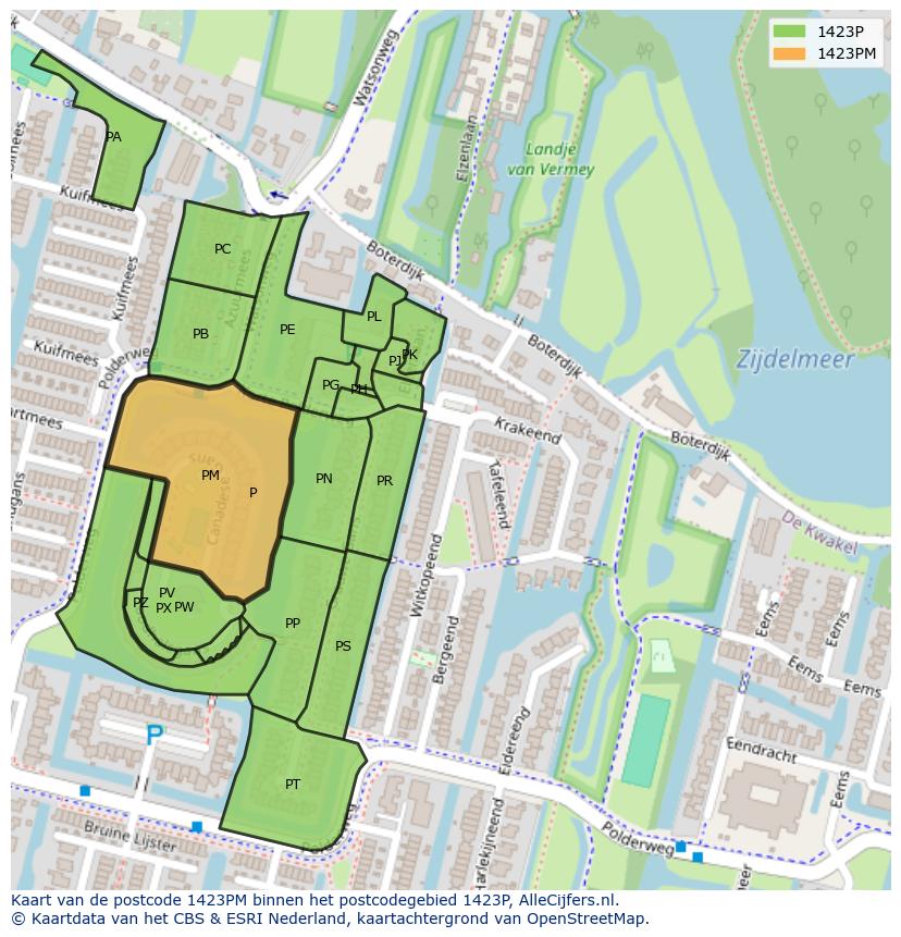 Afbeelding van het postcodegebied 1423 PM op de kaart.