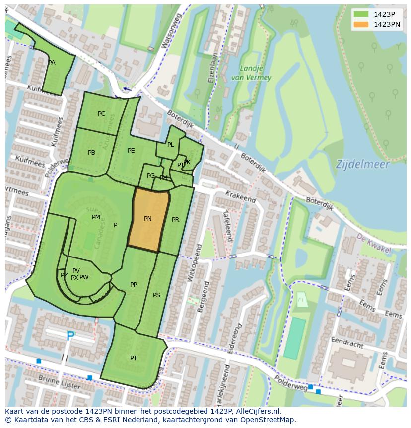 Afbeelding van het postcodegebied 1423 PN op de kaart.
