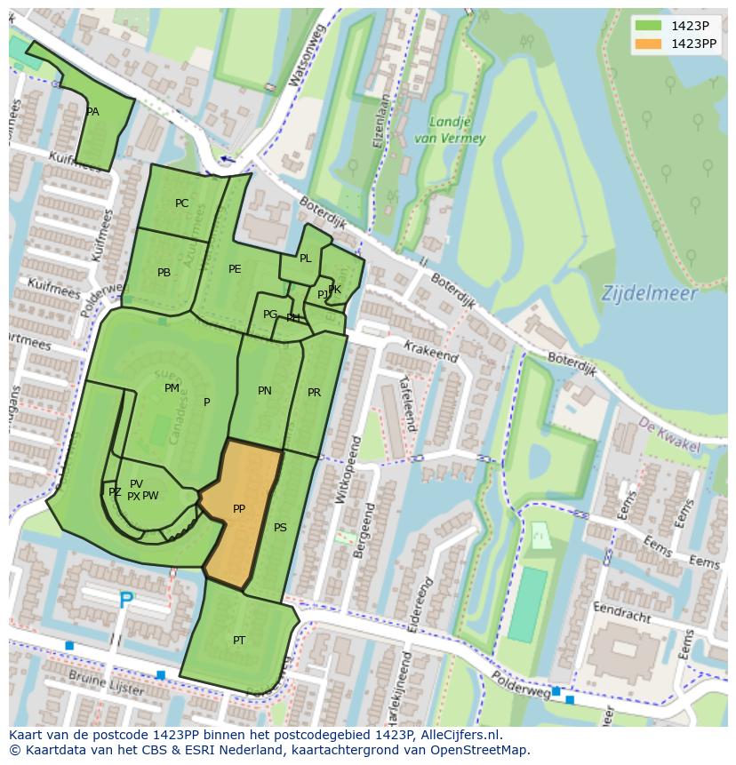 Afbeelding van het postcodegebied 1423 PP op de kaart.