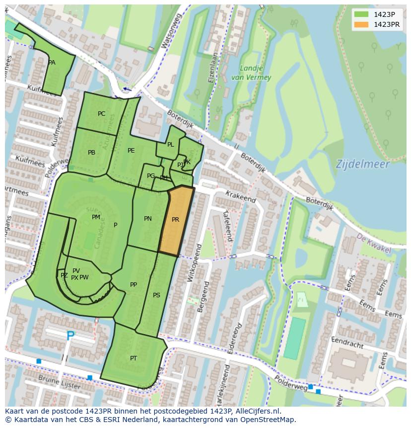 Afbeelding van het postcodegebied 1423 PR op de kaart.