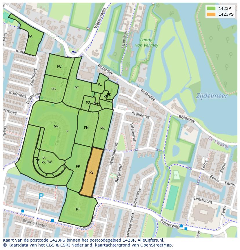 Afbeelding van het postcodegebied 1423 PS op de kaart.