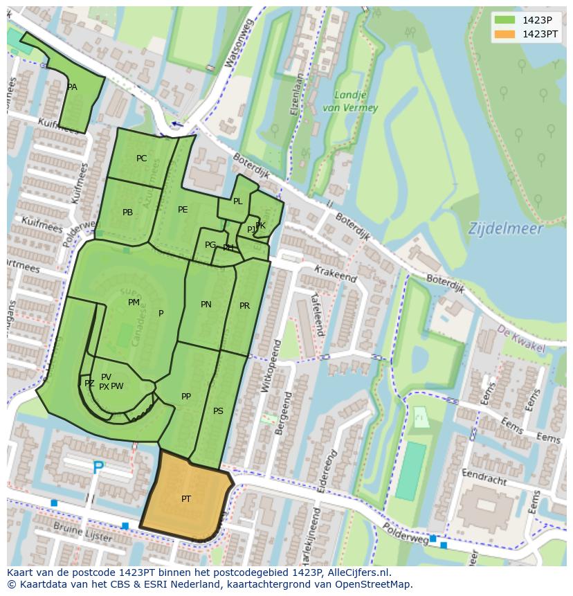 Afbeelding van het postcodegebied 1423 PT op de kaart.