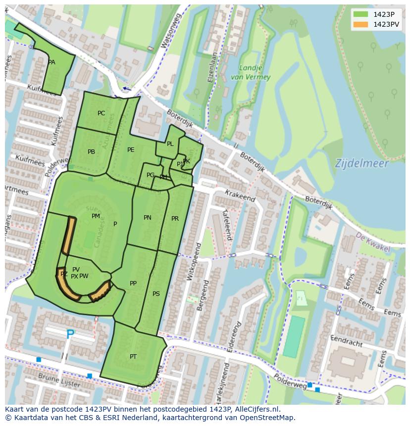 Afbeelding van het postcodegebied 1423 PV op de kaart.