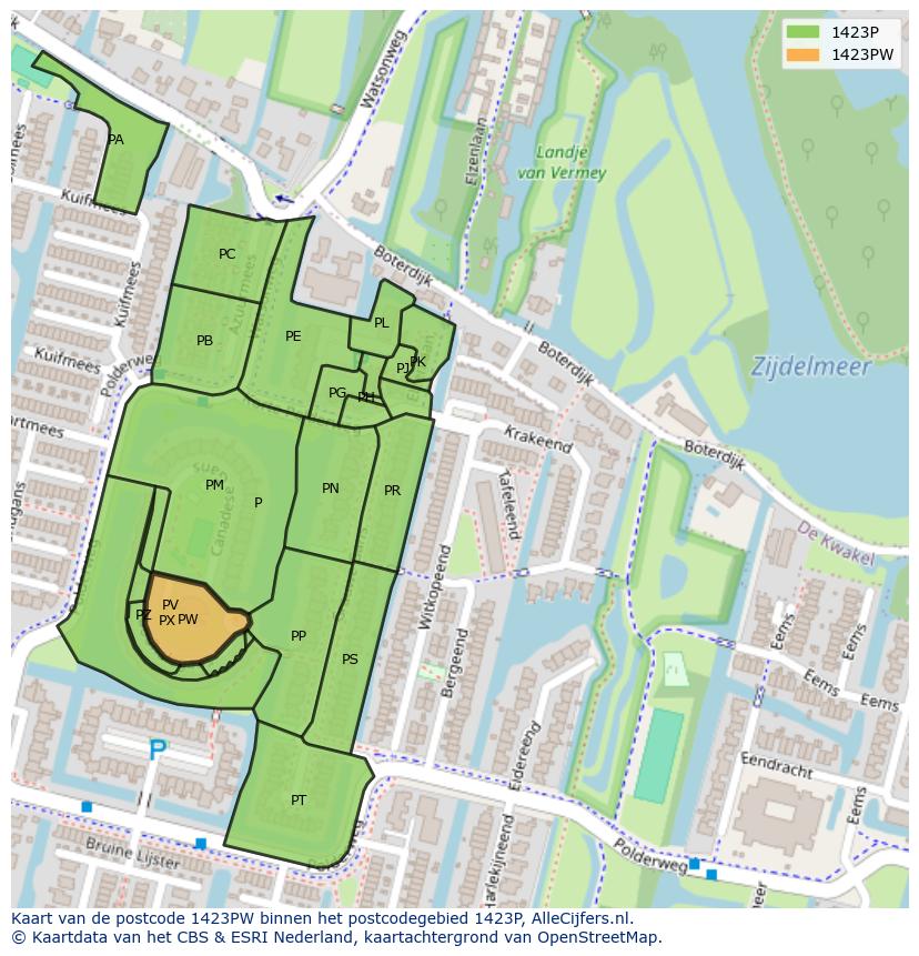 Afbeelding van het postcodegebied 1423 PW op de kaart.