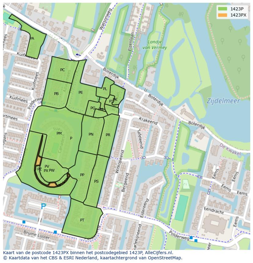 Afbeelding van het postcodegebied 1423 PX op de kaart.